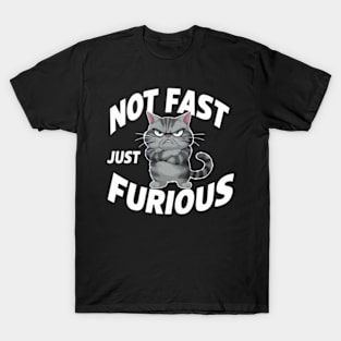 The image features a grumpy-looking cat with the text “NOT FAST JUST FURIOUS” surrounding it (2) T-Shirt